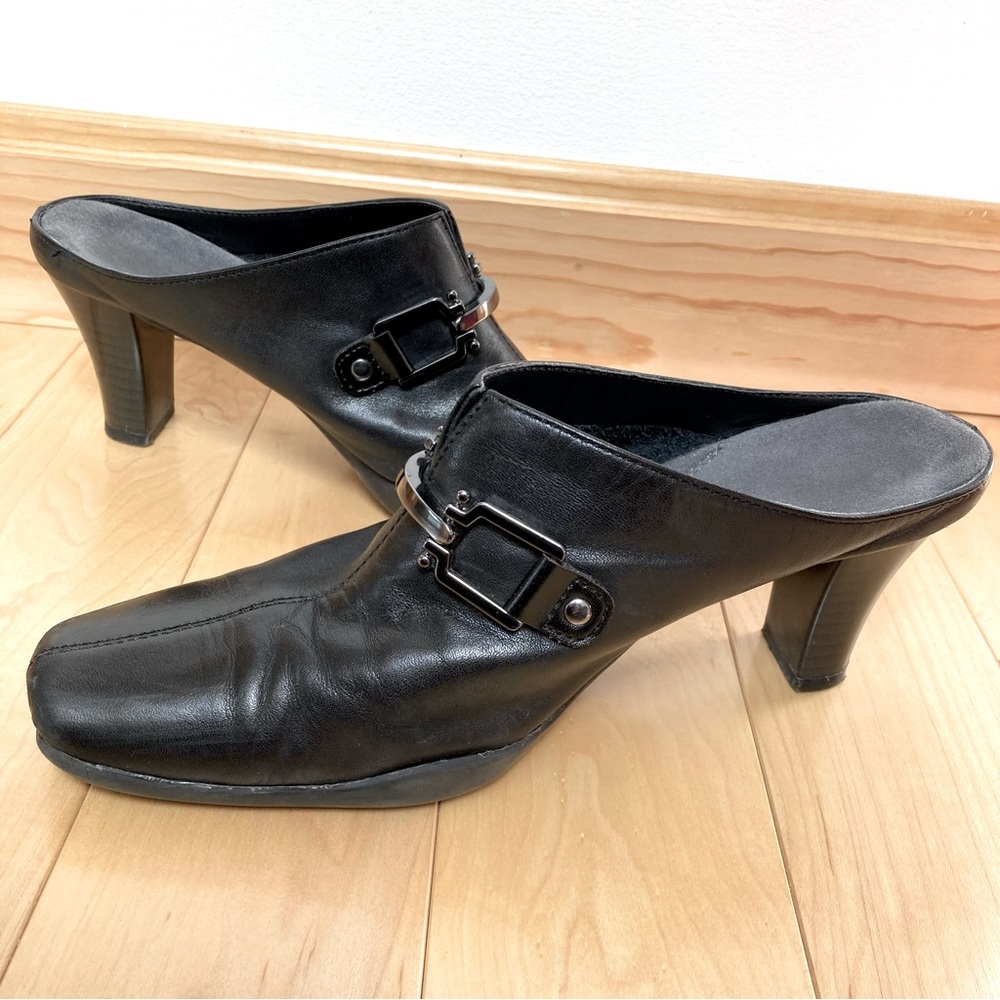 Aerosoles Black Mules, Size 6.5, 2.75" Stacked Heel, Leather Upper, Comfort